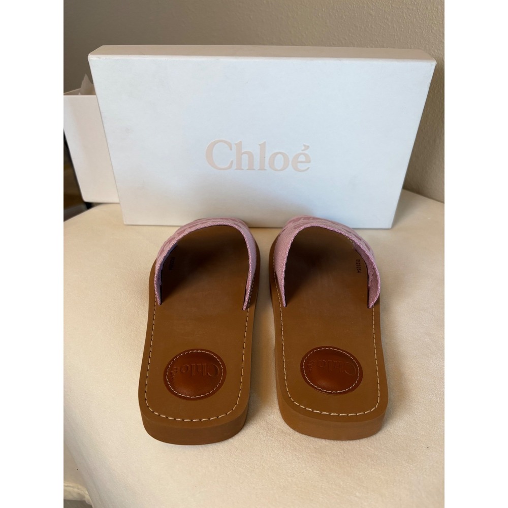 Chloe Woody Flat Slide Sandals Purple Pink Canvas Logo Ribbon Square Toe Italy - Picture 4 of 9